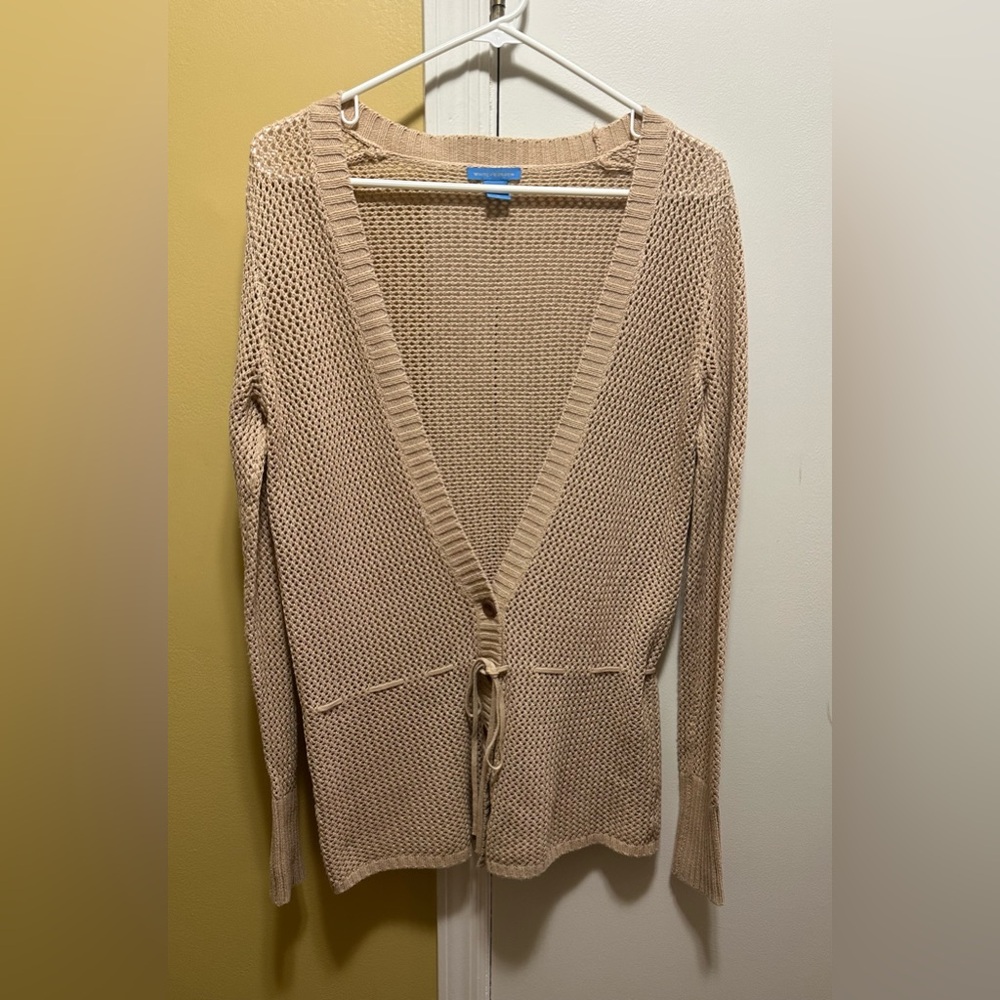 White + Warren Beige Cotton V-Neck Open-Knit Tie-Front Cardigan (S)